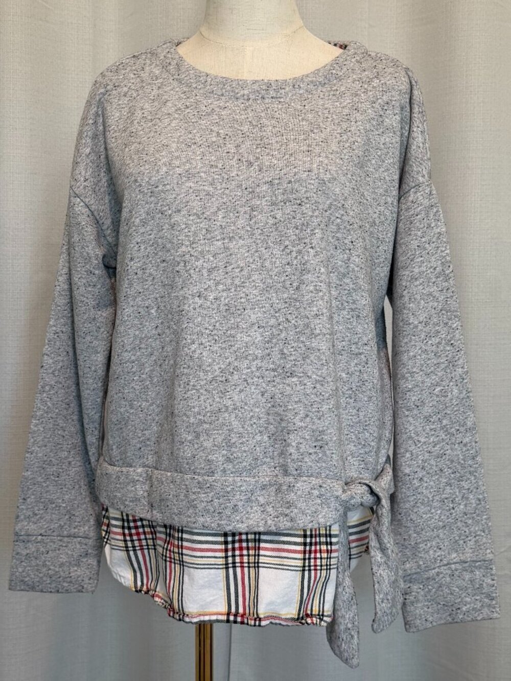 Izod Gray Mixed Media Side Tie Sweatshirt | Faux Layered Blouse Size L